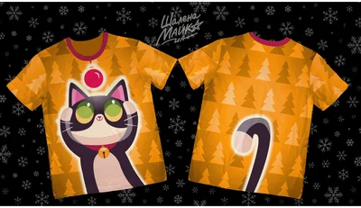 Футболки с полной запечаткой: котёнок с новогодей игрушкой